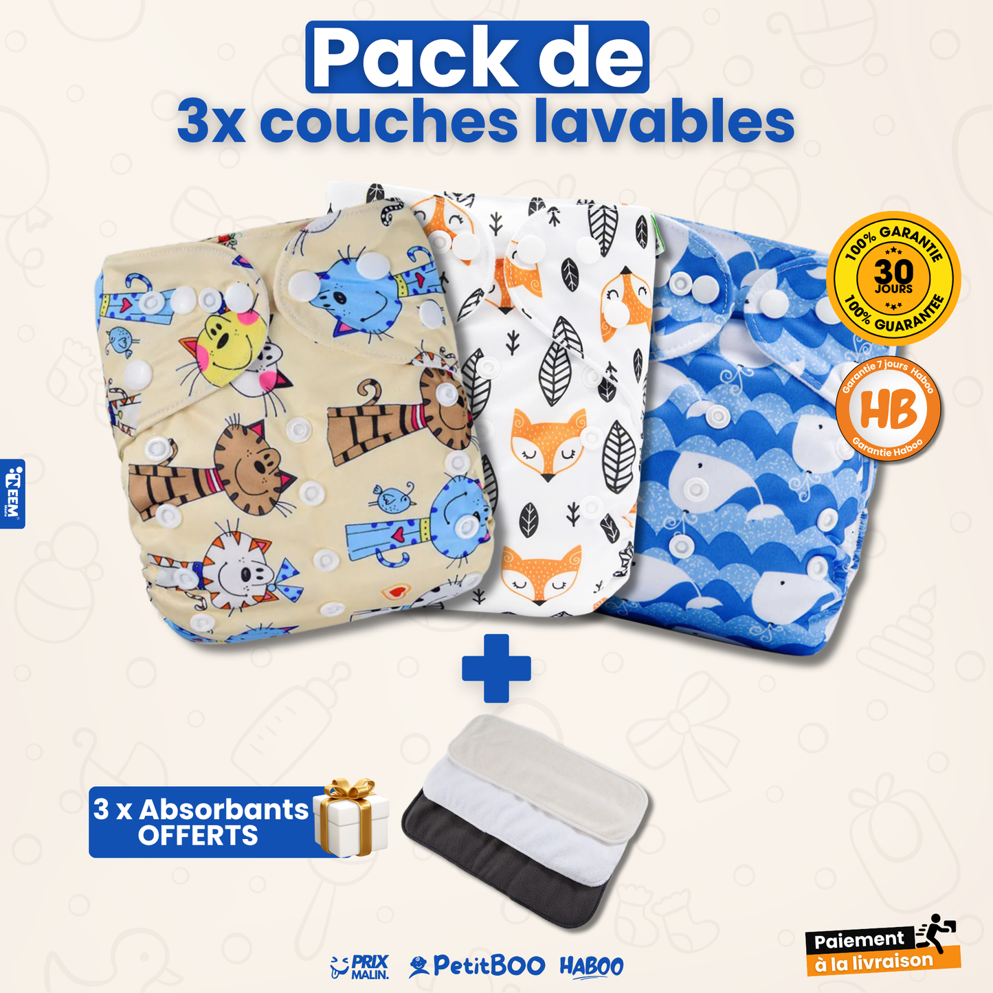 Pack de 3 Couches Lavables Bébé — Anti-Fuite, Réutilisables & Économiques