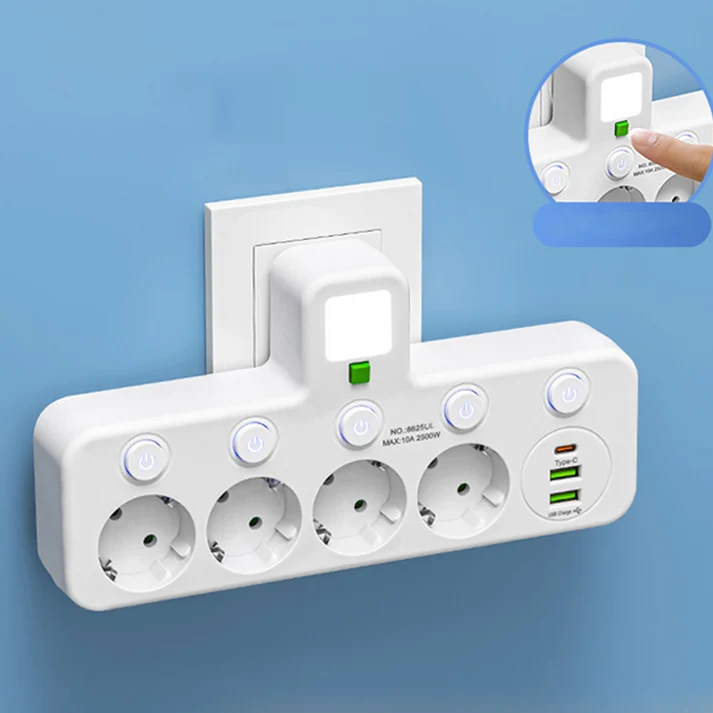 Multiprise USB avec veilleuse, 4 prises et interrupteurs individuels