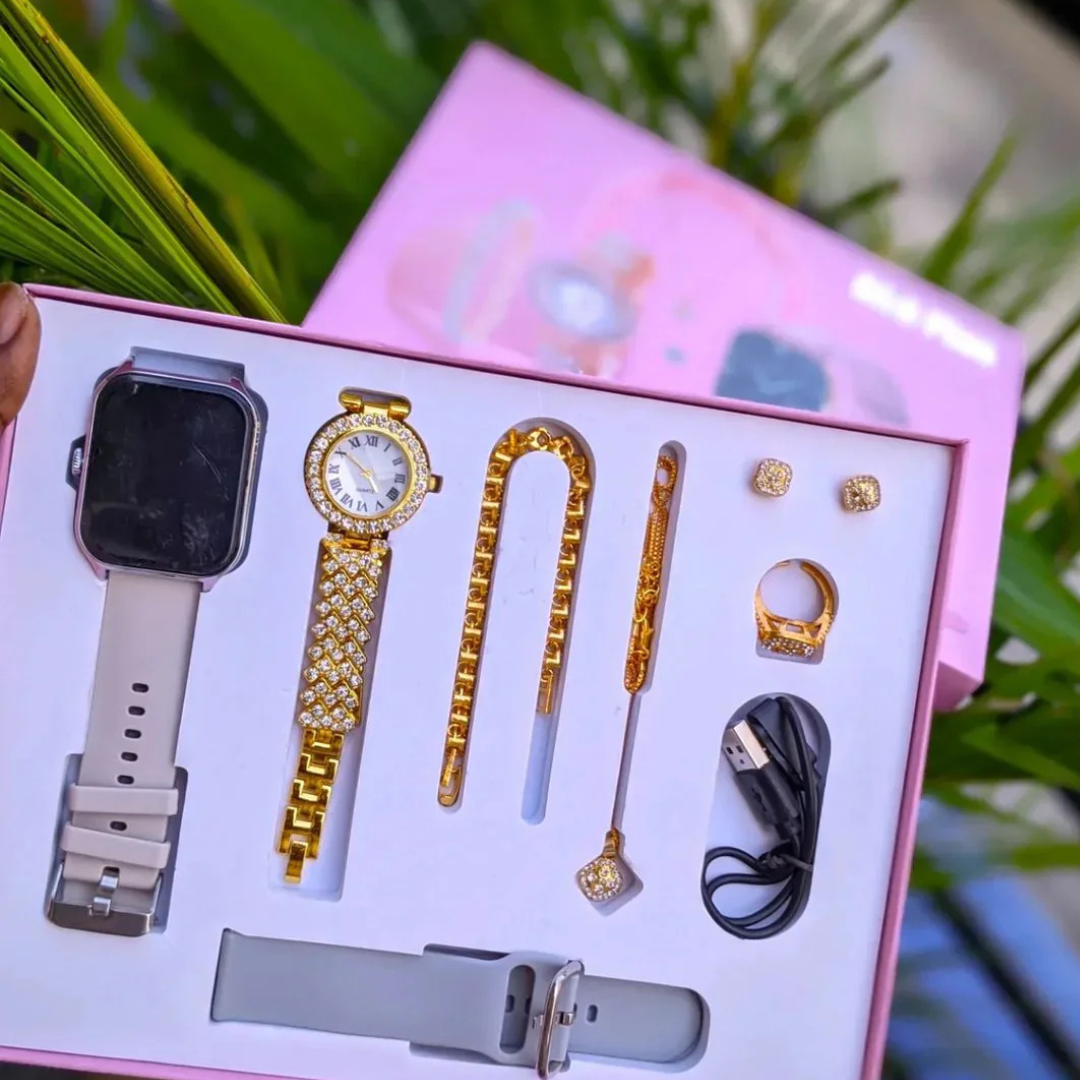 💖 Coffret Élégance Smart & Chic – Montre Connectée + Bijoux Dorés