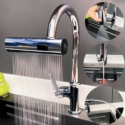 Robinet de cuisine cascade 3 en 1 avec douchette anti-éclaboussures pivotante à 360°