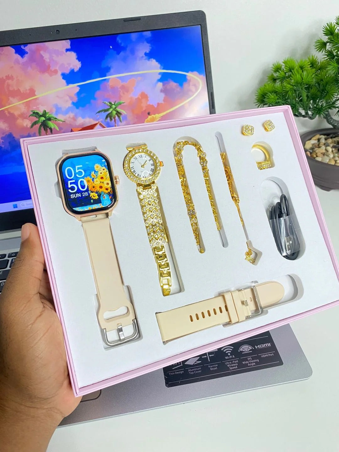 💖 Coffret Élégance Smart & Chic – Montre Connectée + Bijoux Dorés