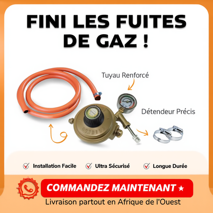 Détendeur de gaz équipé d'un manomètre de sécurité, accompagné d'un raccord et de deux colliers de serrage.- GAZ-CONTROL