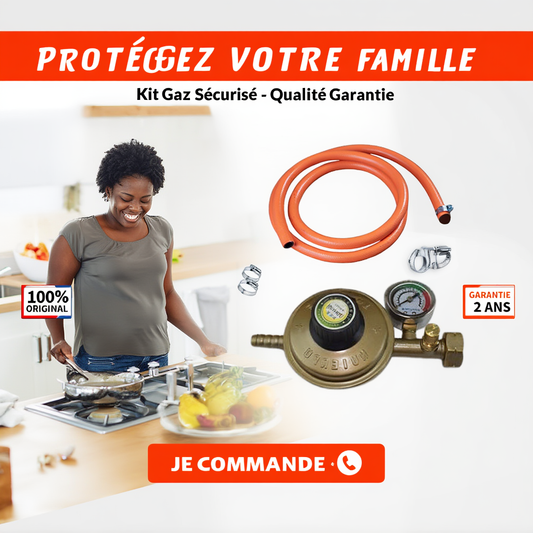Détendeur de gaz équipé d'un manomètre de sécurité, accompagné d'un raccord et de deux colliers de serrage.- GAZ-CONTROL