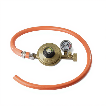 Détendeur de gaz équipé d'un manomètre de sécurité, accompagné d'un raccord et de deux colliers de serrage.- GAZ-CONTROL