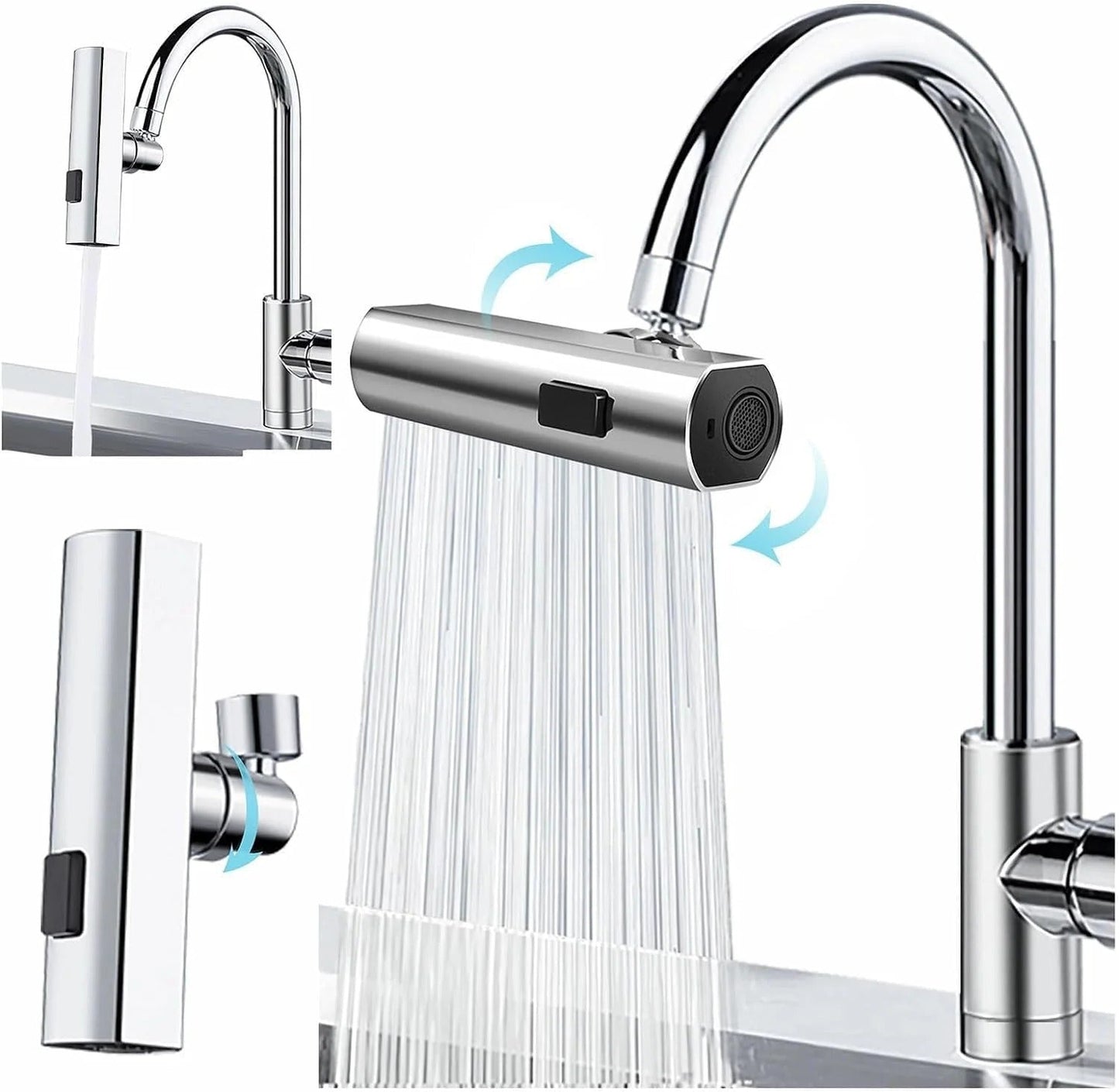 Robinet de cuisine cascade 3 en 1 avec douchette anti-éclaboussures pivotante à 360°