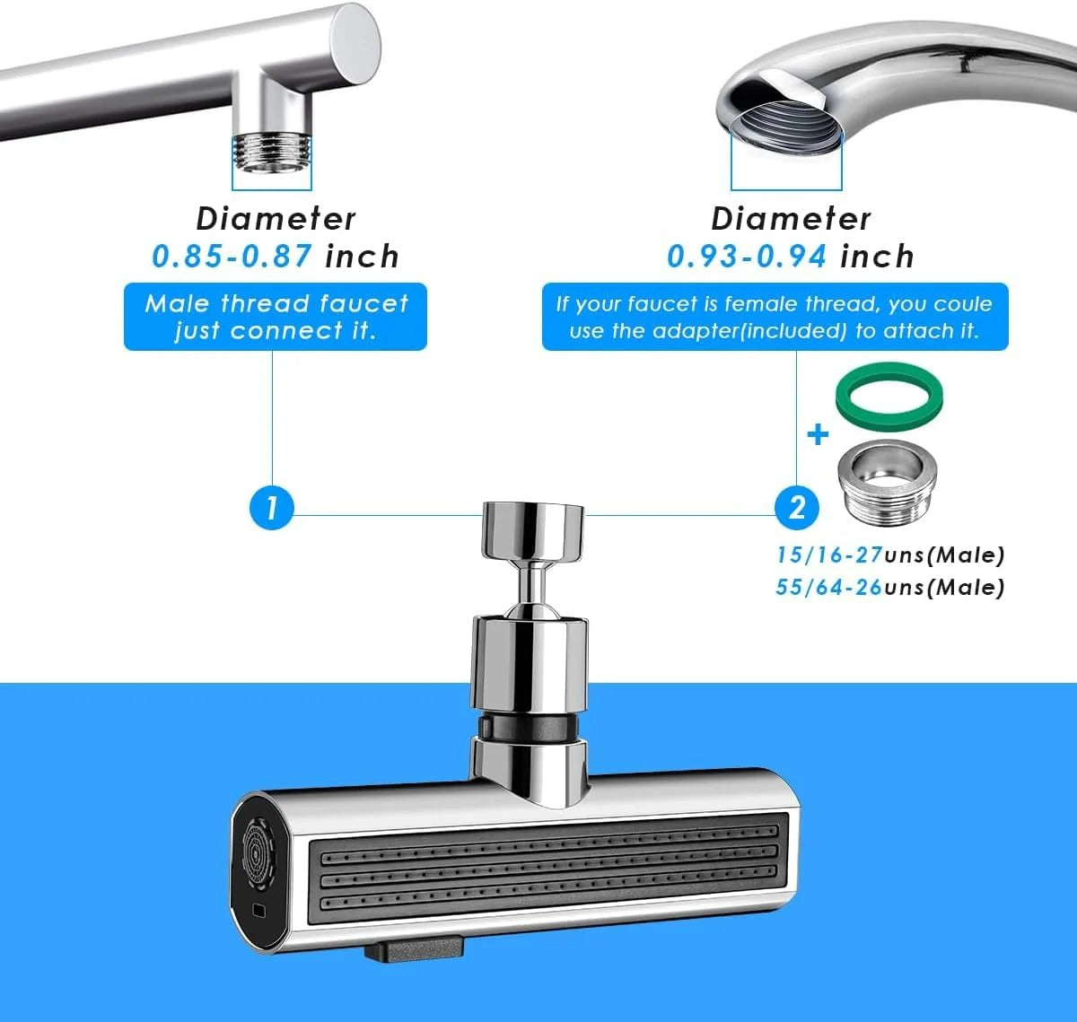 Robinet de cuisine cascade 3 en 1 avec douchette anti-éclaboussures pivotante à 360°
