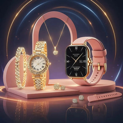 💖 Coffret Élégance Smart & Chic – Montre Connectée + Bijoux Dorés