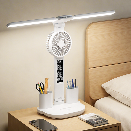 Lampe LED de Bureau avec Ventilateur, Horloge et Porte-Stylos – Tactile & Pliable